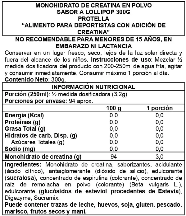 Creatina Monohidratada sabor Lollipop 300 g - Protella